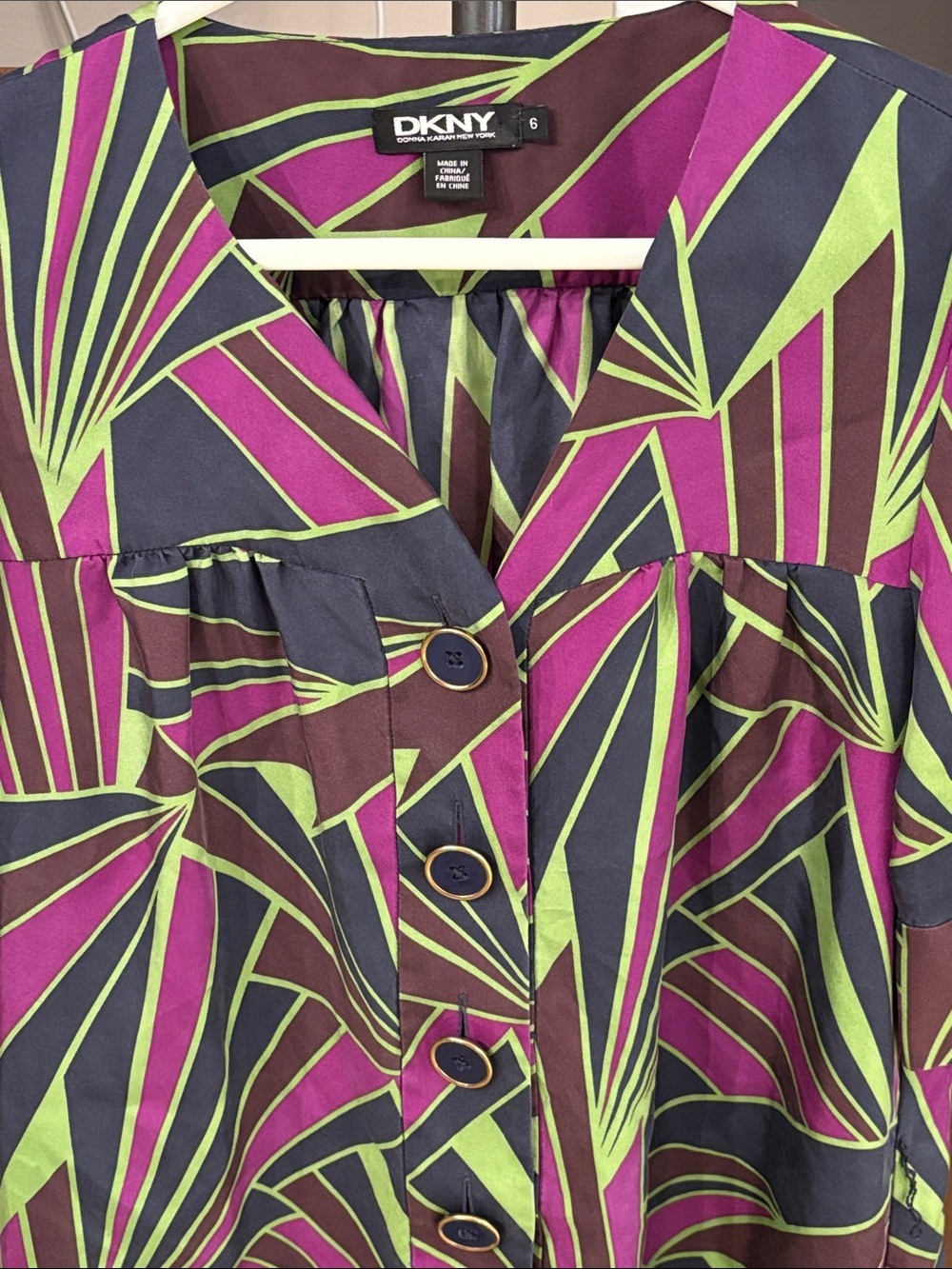 DKNY 100% Silk Geometric Print Shift Dress Size 6 Missing Belt - Picture 6 of 8